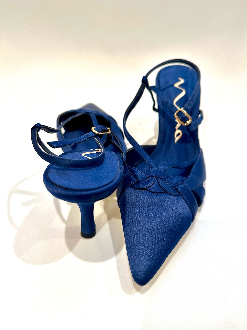 Navy Satin Slingback Heels Pointed Toe Elegant Wedding Evening Shoes Size 8.5